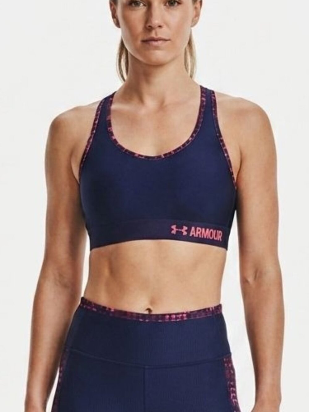 Under Armour Women's Printed Racerback Sports Bra Navy Blue Pink Geometric- size